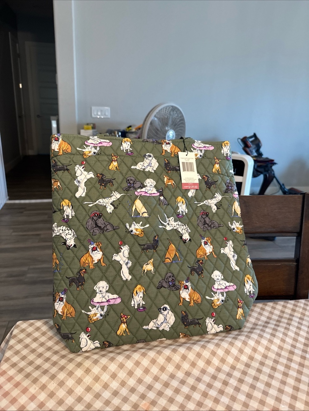 Vera Bradley Olive Green Quilted Tote with Multicolor Dog Print